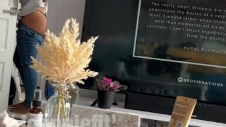 JoannieFit walks into the room naked, drops to her knees, and takes his cock deep in her throat