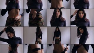 Artistic mirror pose Yaelaris oil tits in golden sunlight